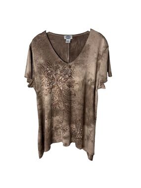 Sienna Grace Top Size XL Short Sleeves Stretch Brown Tan Bling Butterflies